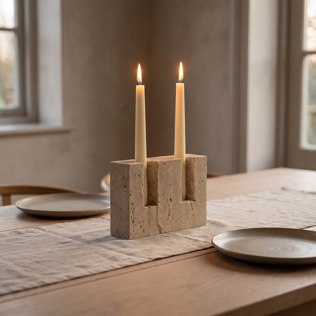 Helmsley travertine candle holder on a dining table