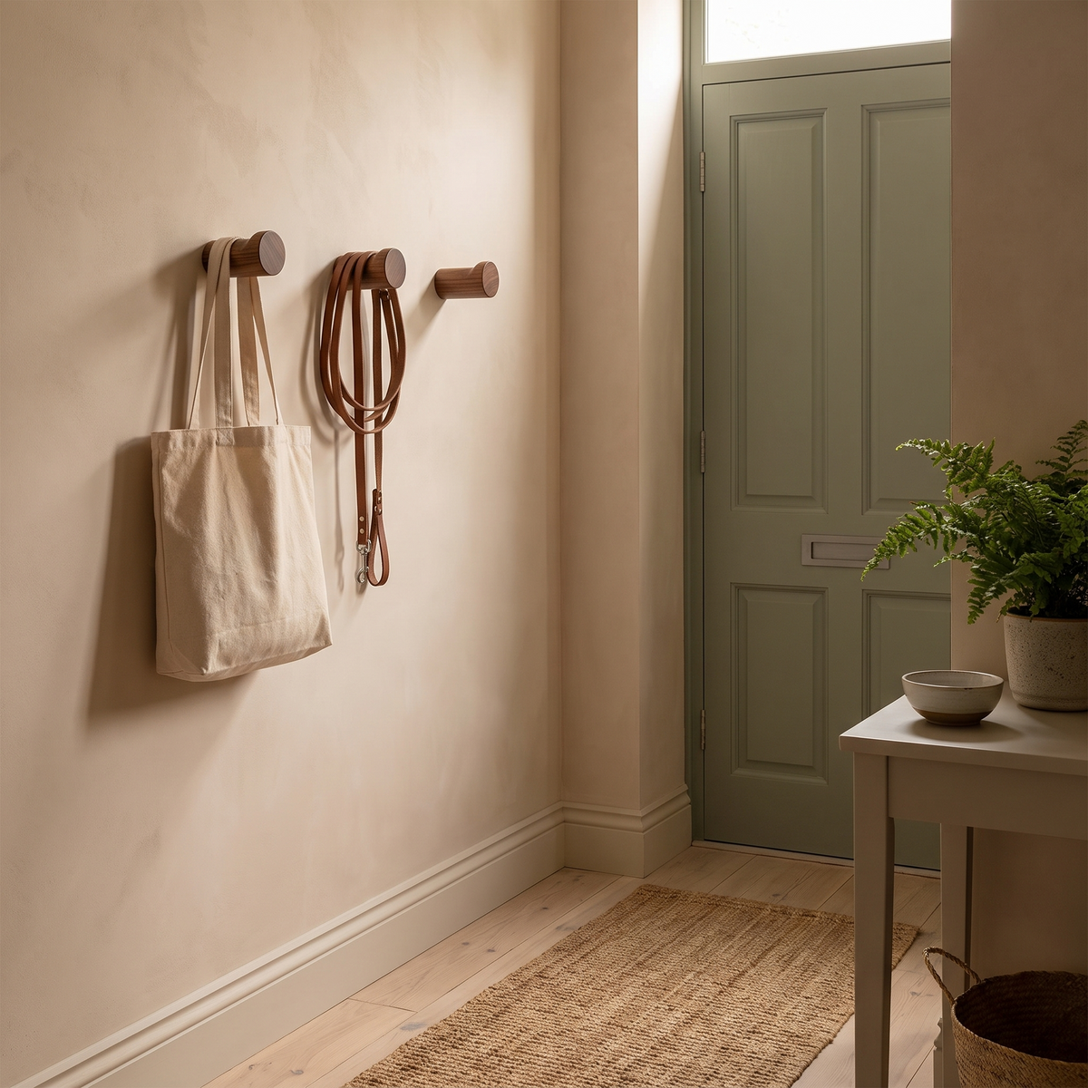 Three Hexham walnut peg hooks stepped up a wall