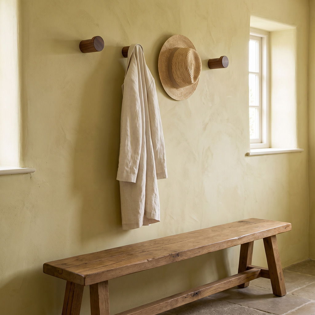 Four Celle walnut peg hooks in a hallway