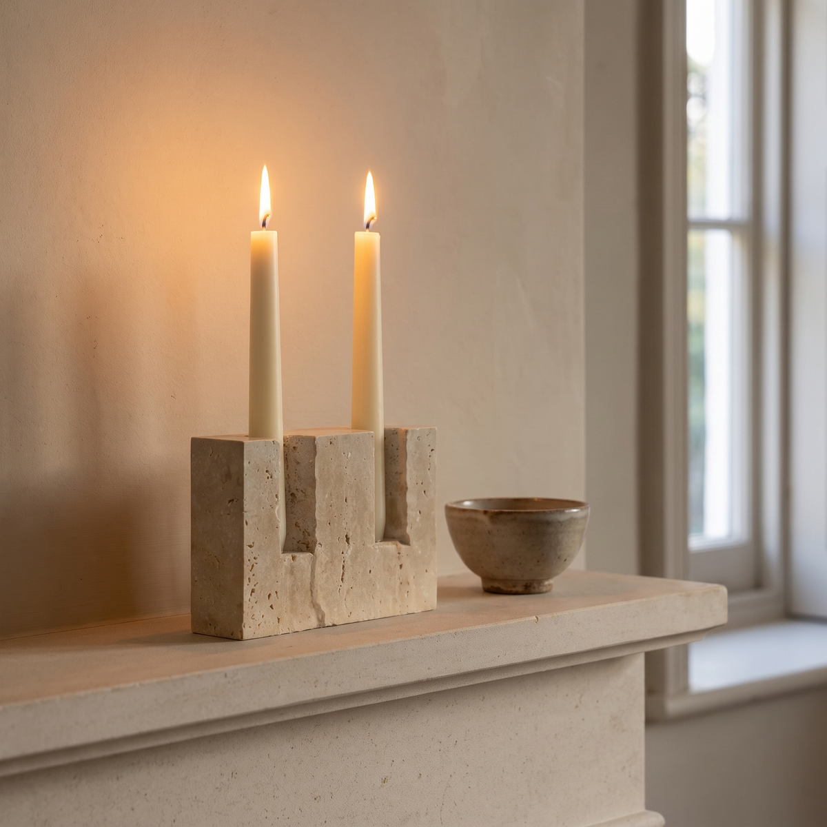 Helmsley travertine candle holder on a limewash mantel