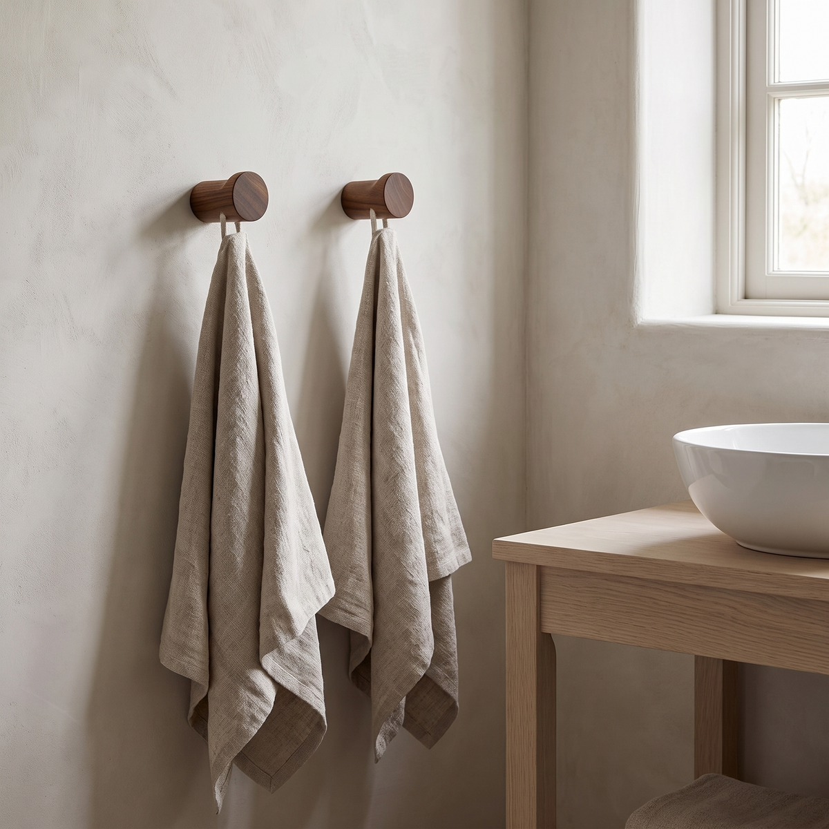 Two Hexham walnut peg hooks holding towels