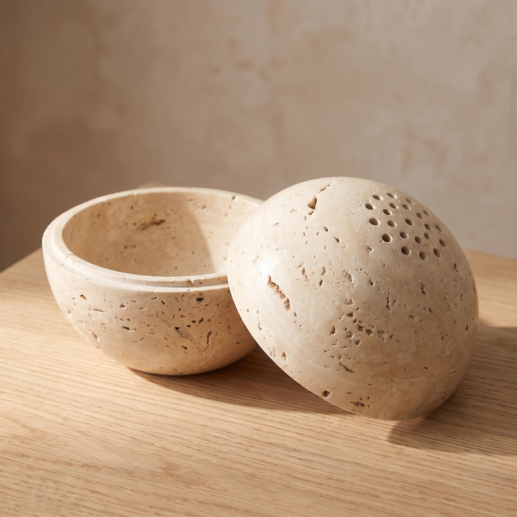 Tetbury travertine incense burner, bowl and lid detail