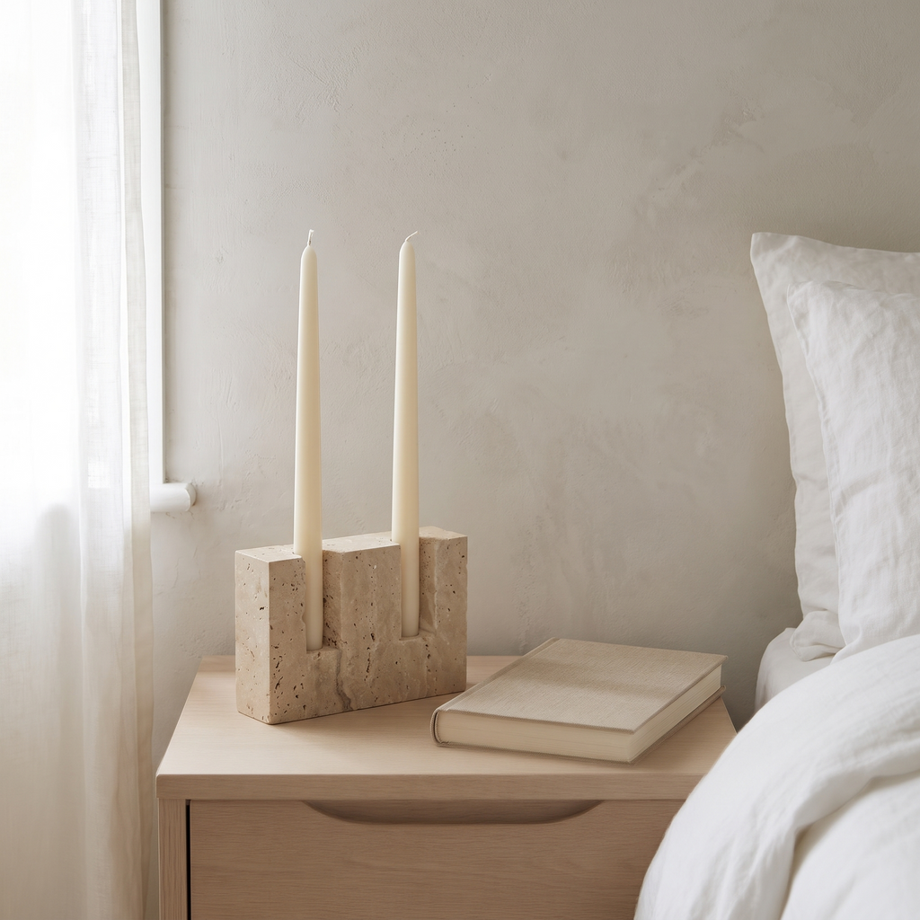 Helmsley travertine candle holder on a pale oak sideboard