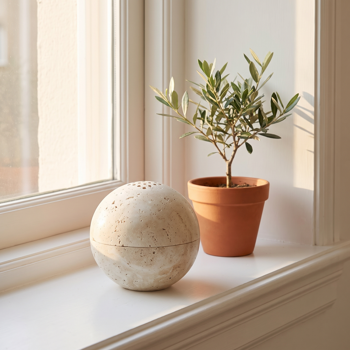 Tetbury travertine sphere on a white windowsill