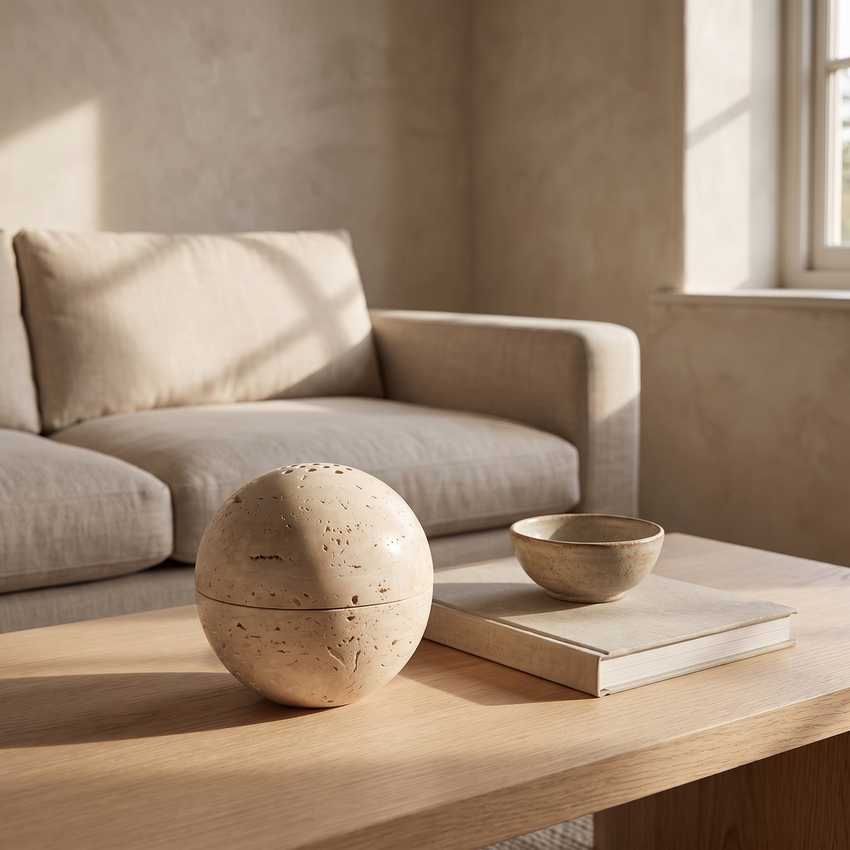 Tetbury travertine incense burner on a pale oak shelf