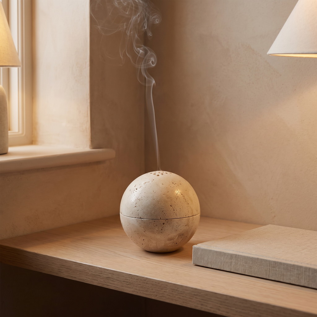 Tetbury travertine incense burner lit, smoke rising