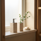 Malvern travertine dispenser, tumbler and soap dish together