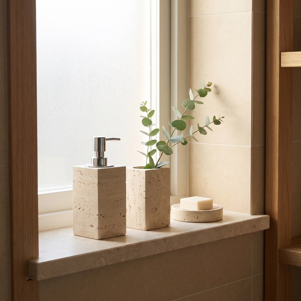 Malvern travertine dispenser, tumbler and soap dish together