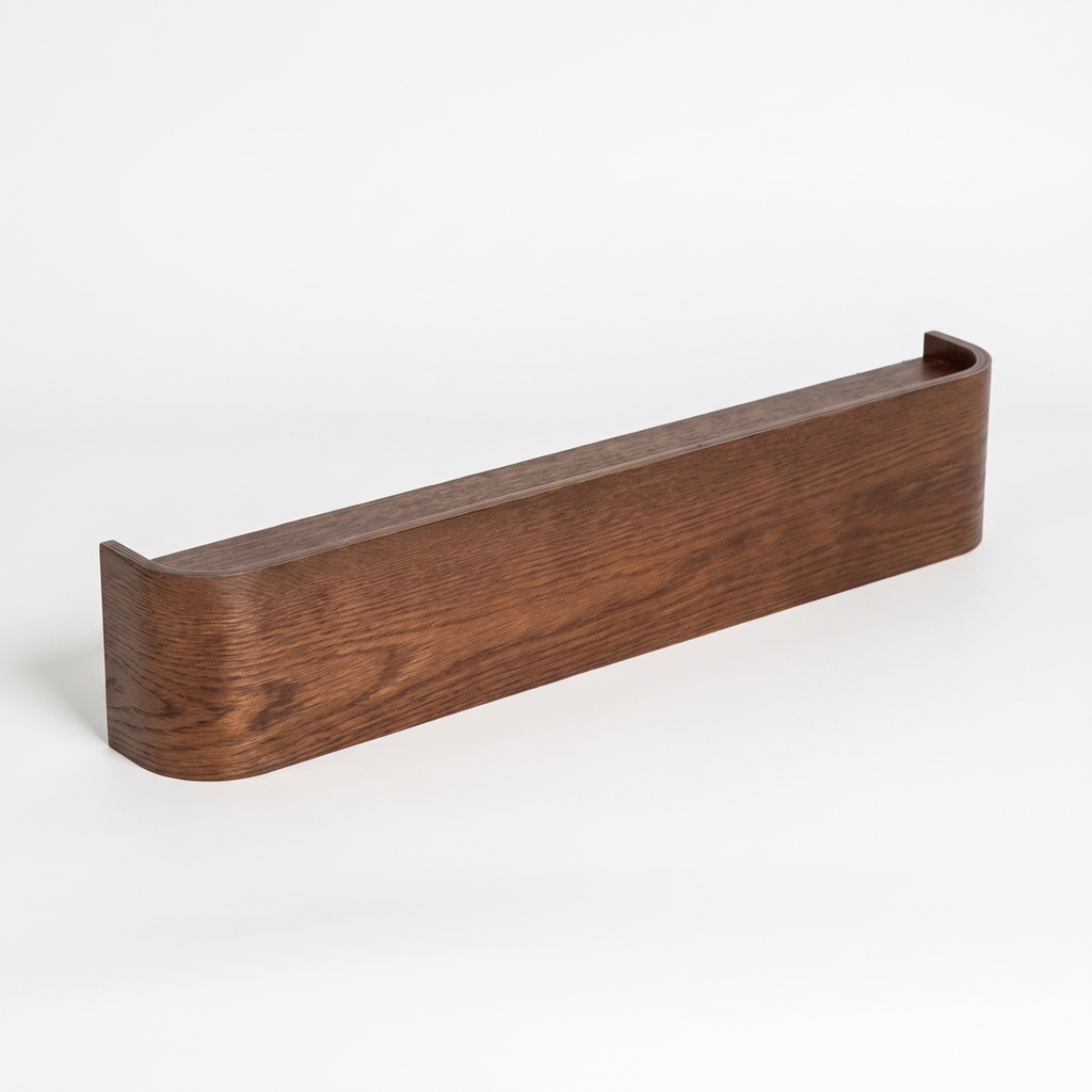 Eastnor curved walnut veneer wall shelf on white