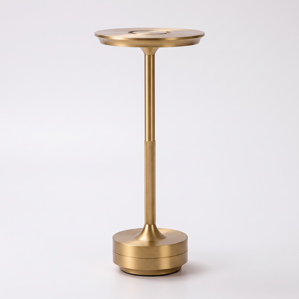 Padstow cordless table lamp in brushed gold on white