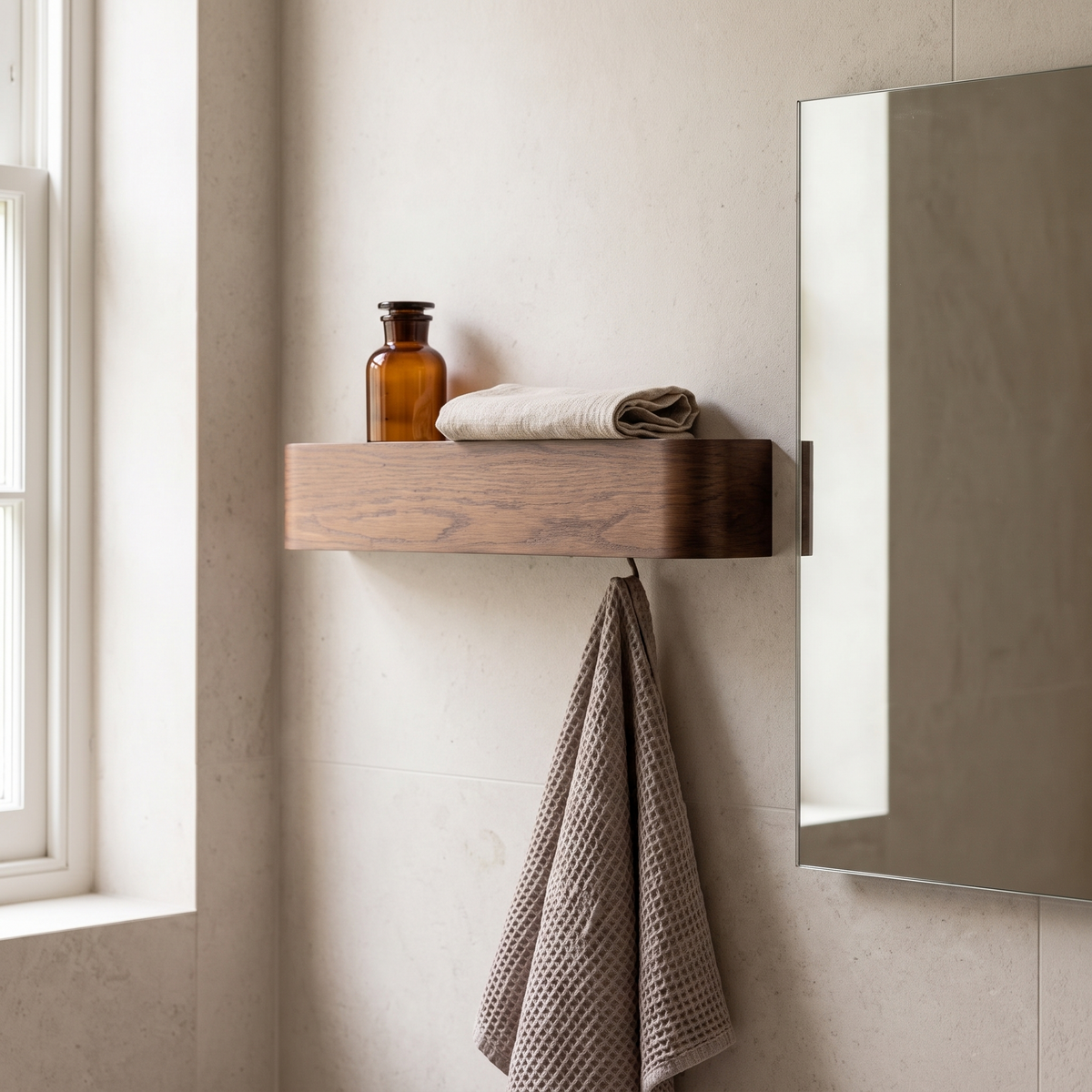 Eastnor walnut wall shelf in a bathroom with a towel below