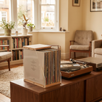 Frome record box beside a turntable in a living room