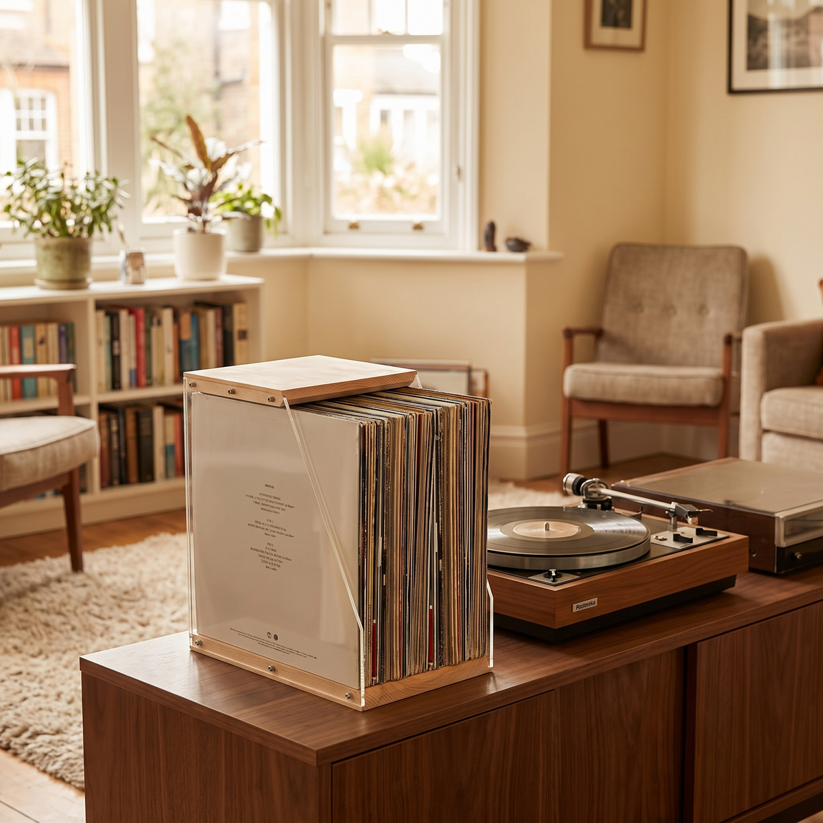 Frome record box beside a turntable in a living room