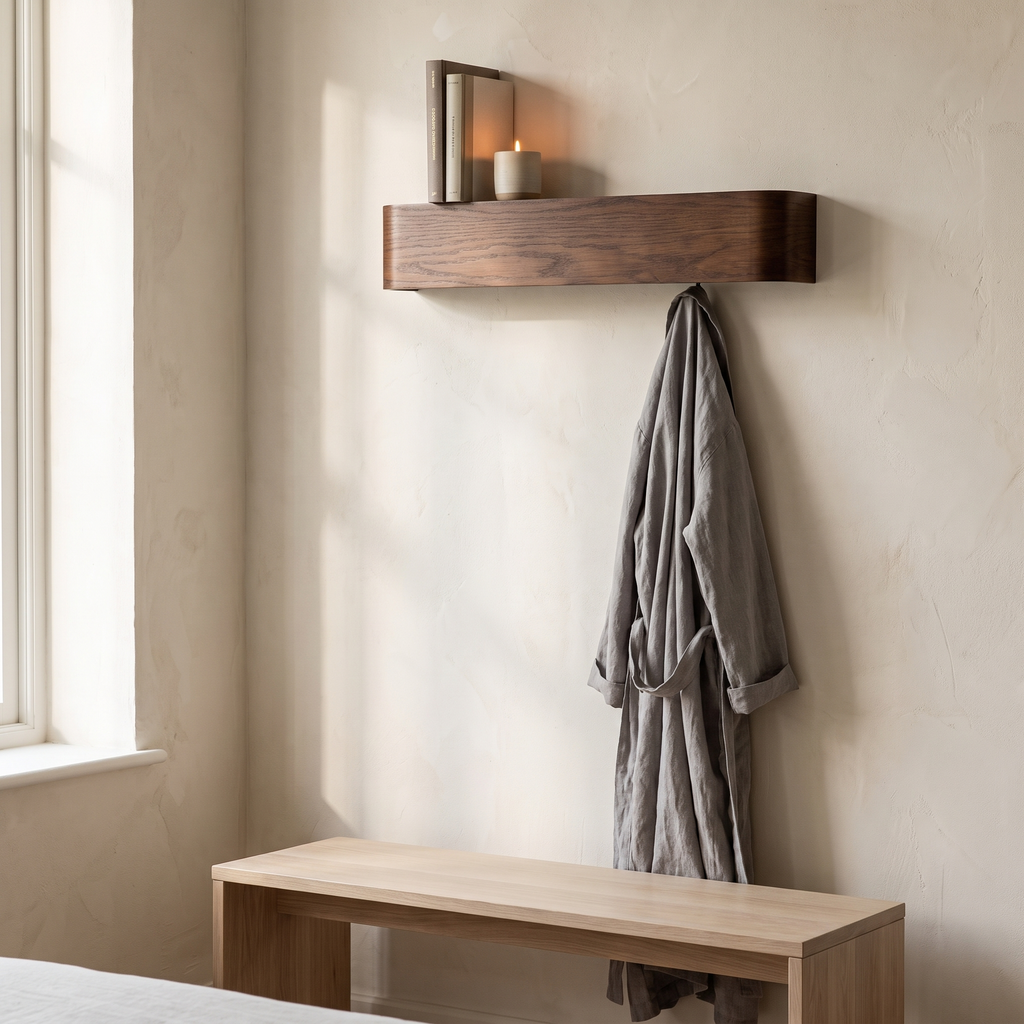 Eastnor walnut wall shelf in a bedroom