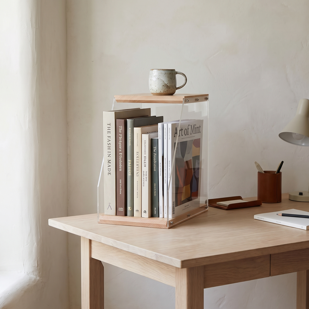 Frome box holding books on a pale oak desk