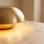 Skara lamp detail, brushed gold dome lit