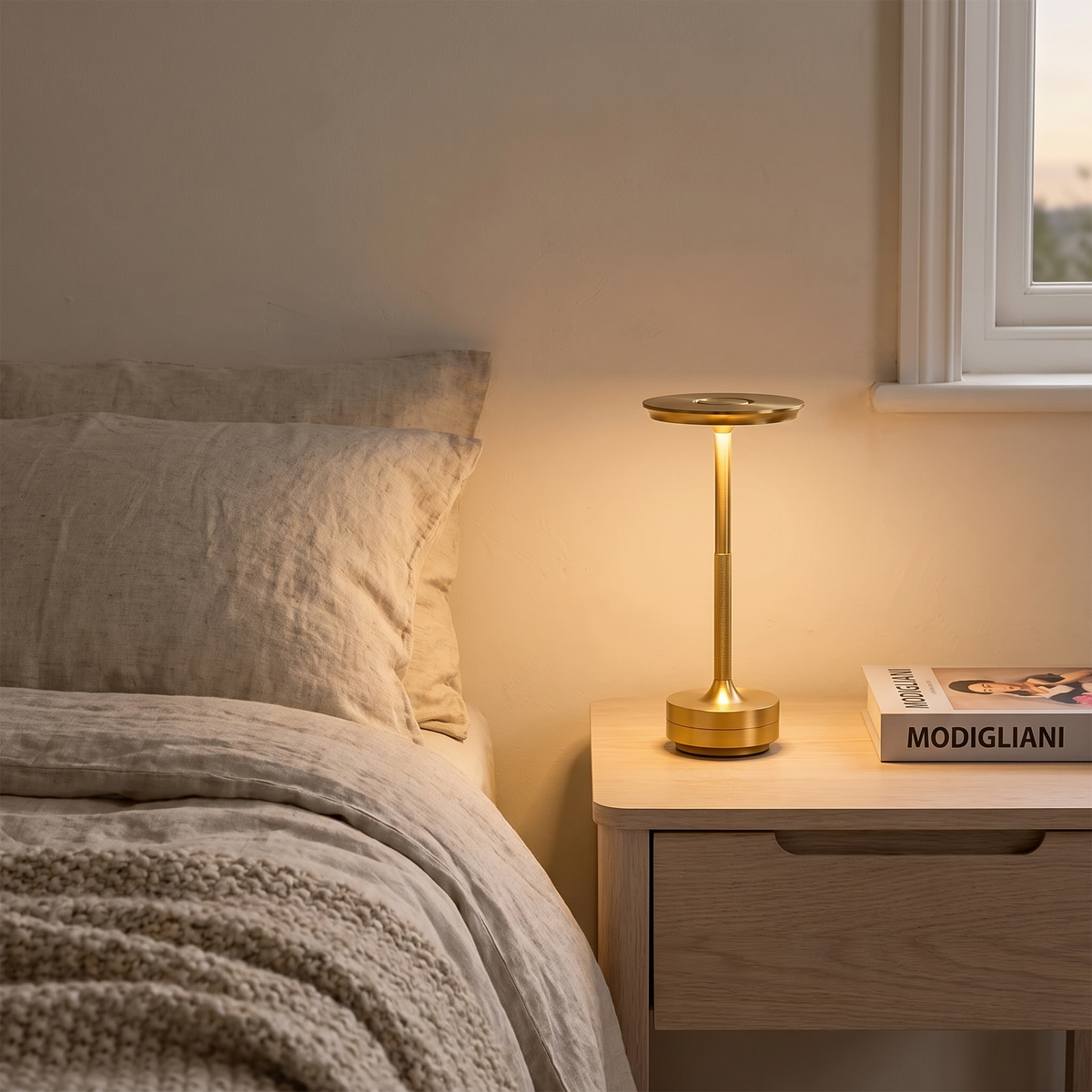 Padstow cordless lamp on a bedside table