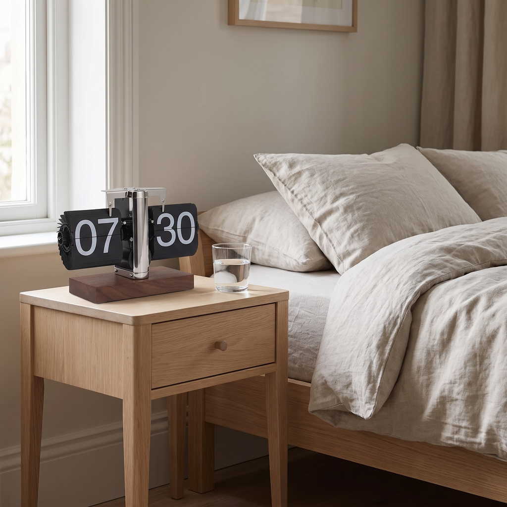 Aldeburgh flip clock on a bedside table