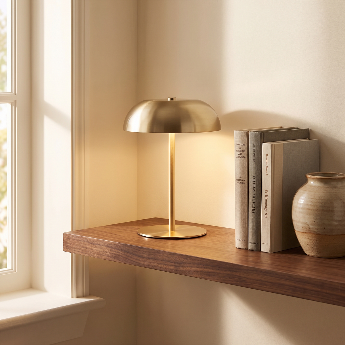 Whitby mushroom lamp on a walnut shelf with books