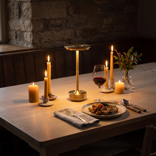 Padstow cordless lamp on a candlelit dining table
