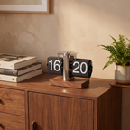 Aldeburgh flip clock on a walnut sideboard