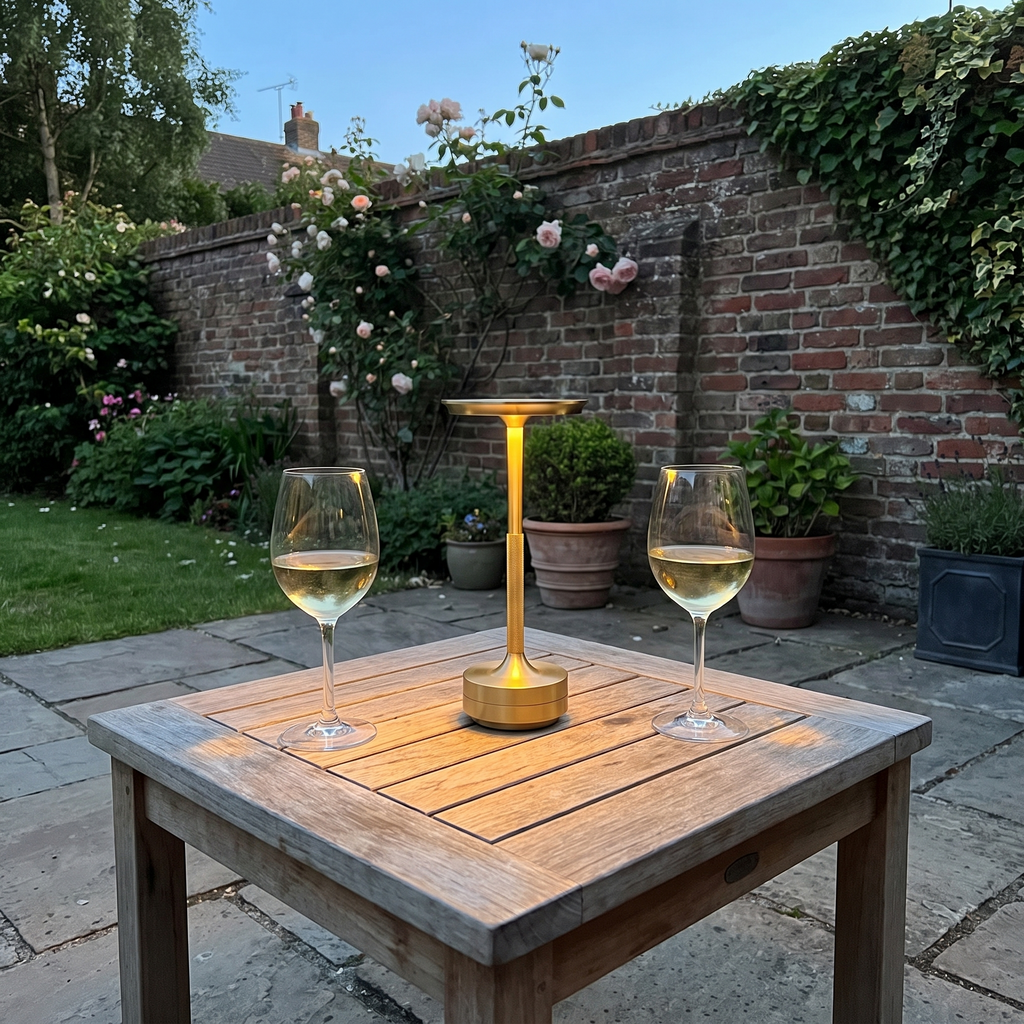 Padstow cordless lamp on a garden terrace table at dusk