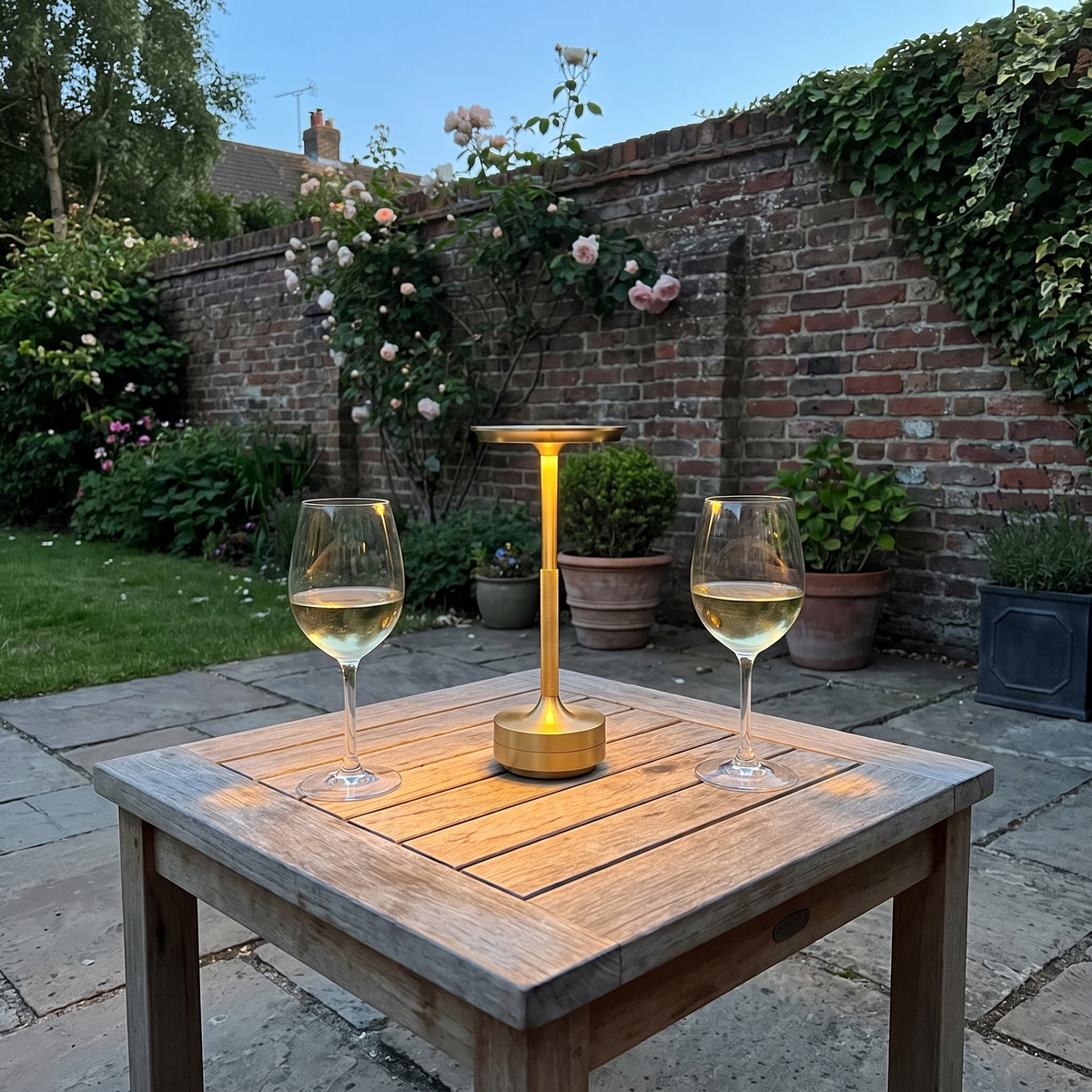 Padstow cordless lamp on a garden terrace table at dusk
