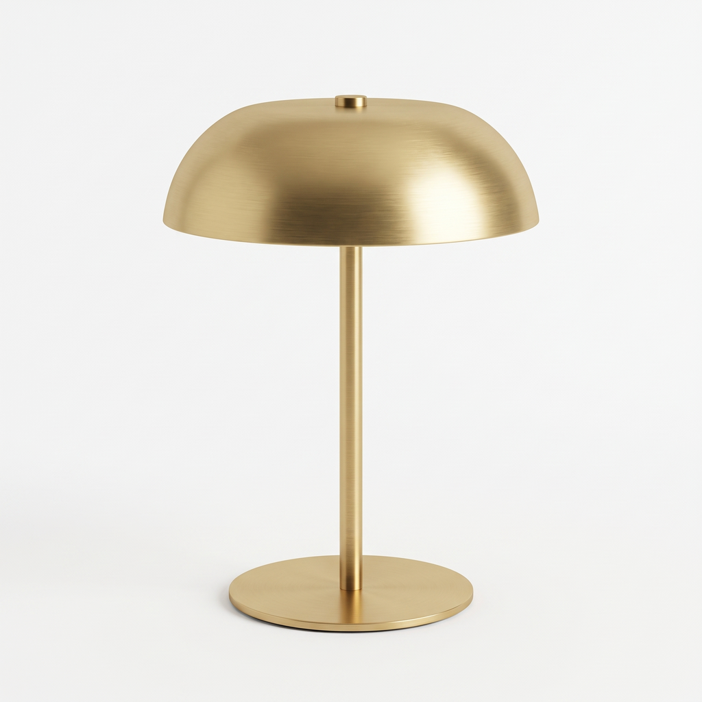 Skara cordless mushroom lamp in brushed gold on white