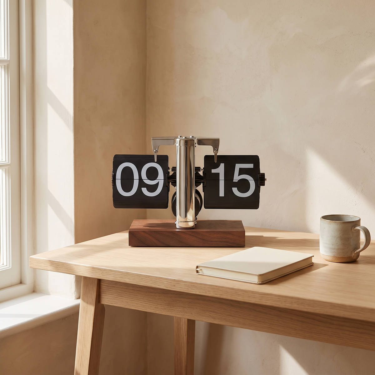Aldeburgh flip clock on a pale oak desk