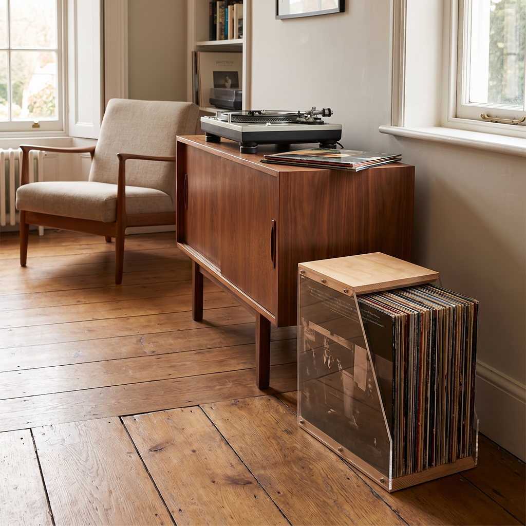 Frome record box on oak floorboards by a walnut sideboard
