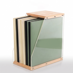 Frome wood and clear acrylic record box filled with records, on white