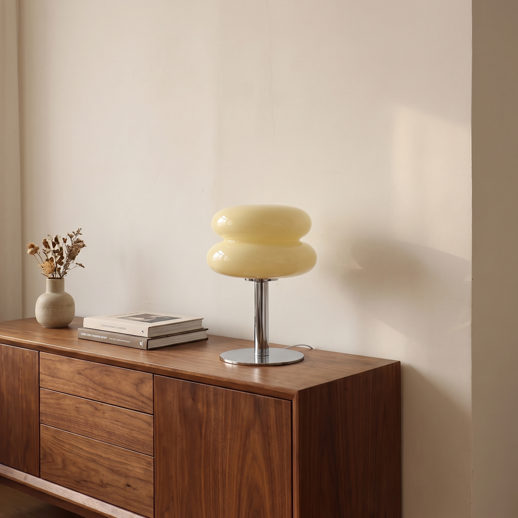 Cream Fulda lamp on a walnut sideboard