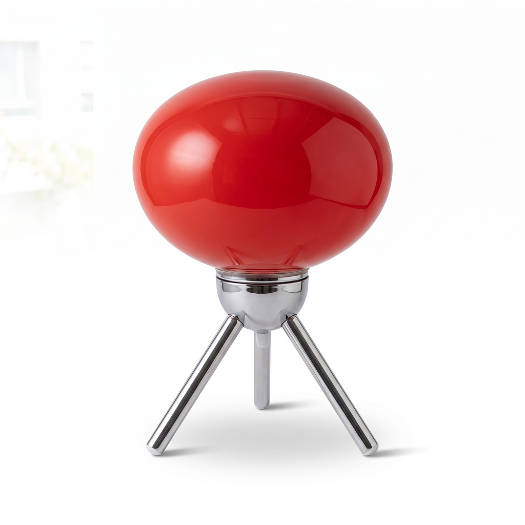 Jena red glass mushroom lamp on chrome tripod, on white