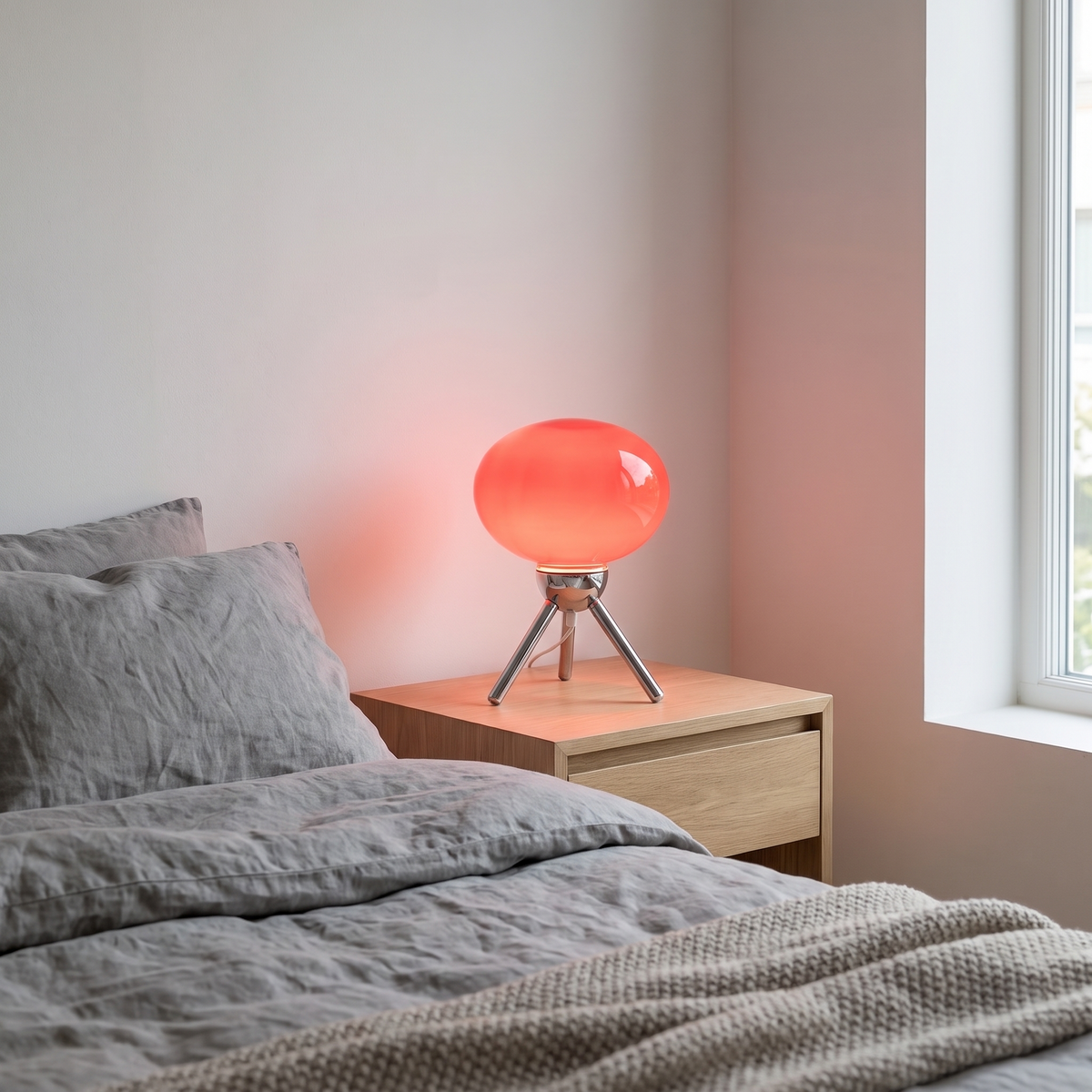 Jena lamp glowing red on a bedside table