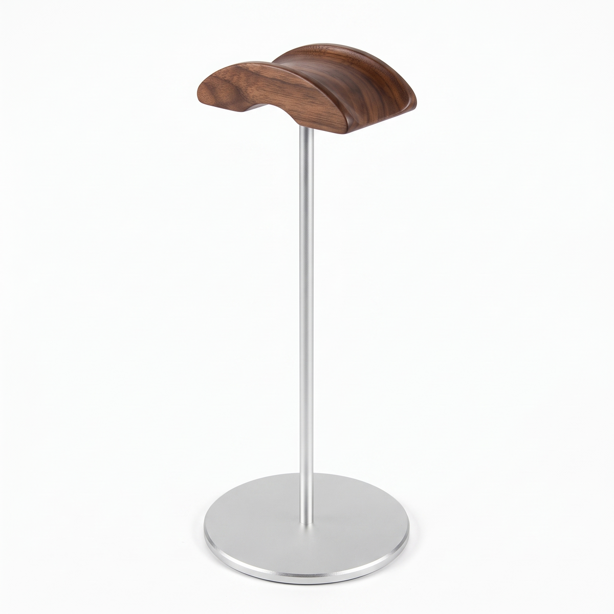 Marburg walnut headphone stand with silver aluminium base on white