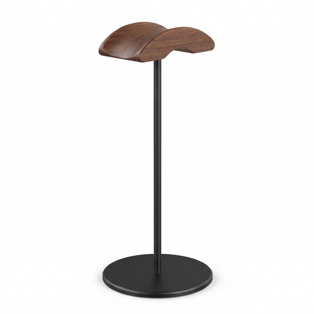 Marburg walnut headphone stand with black aluminium base on white