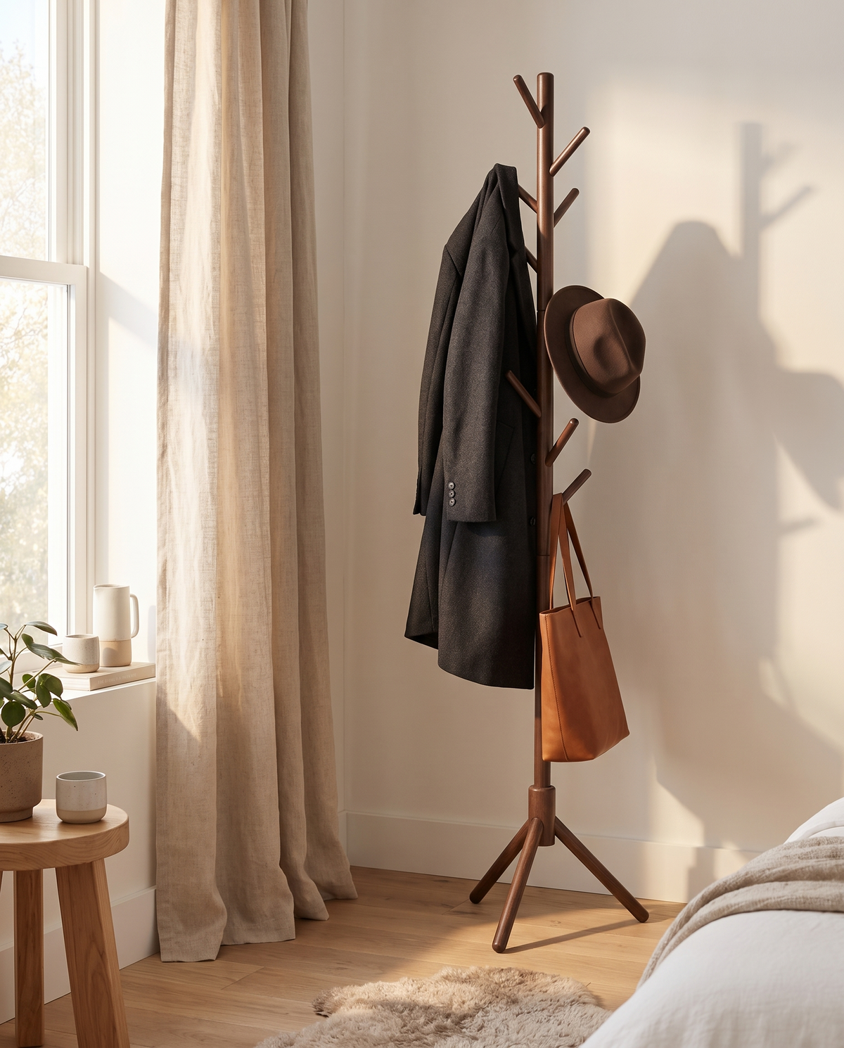 Goslar walnut coat stand in a bedroom corner