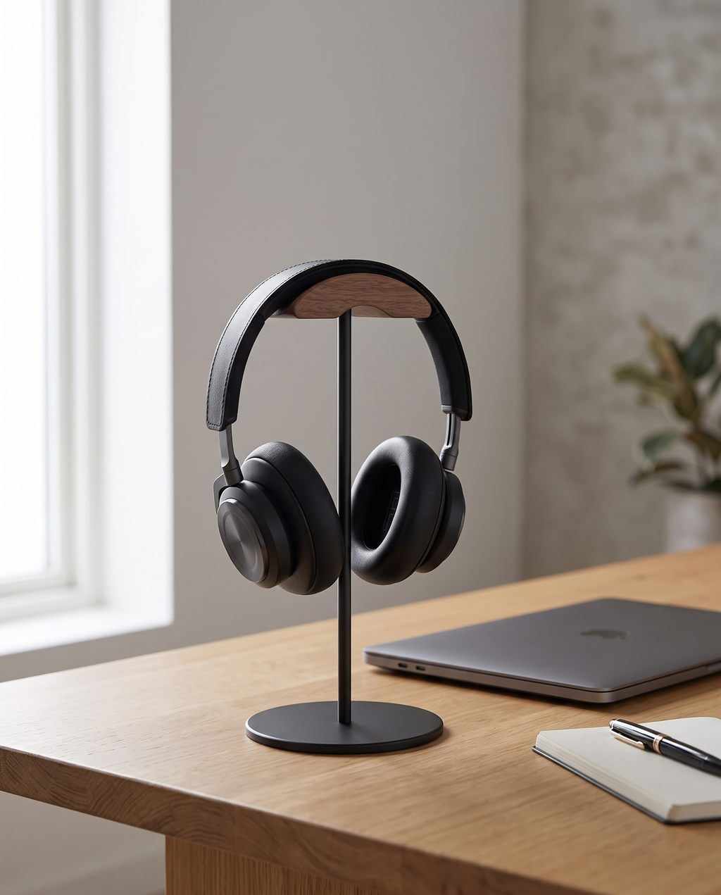 Marburg headphone stand holding headphones on an oak desk
