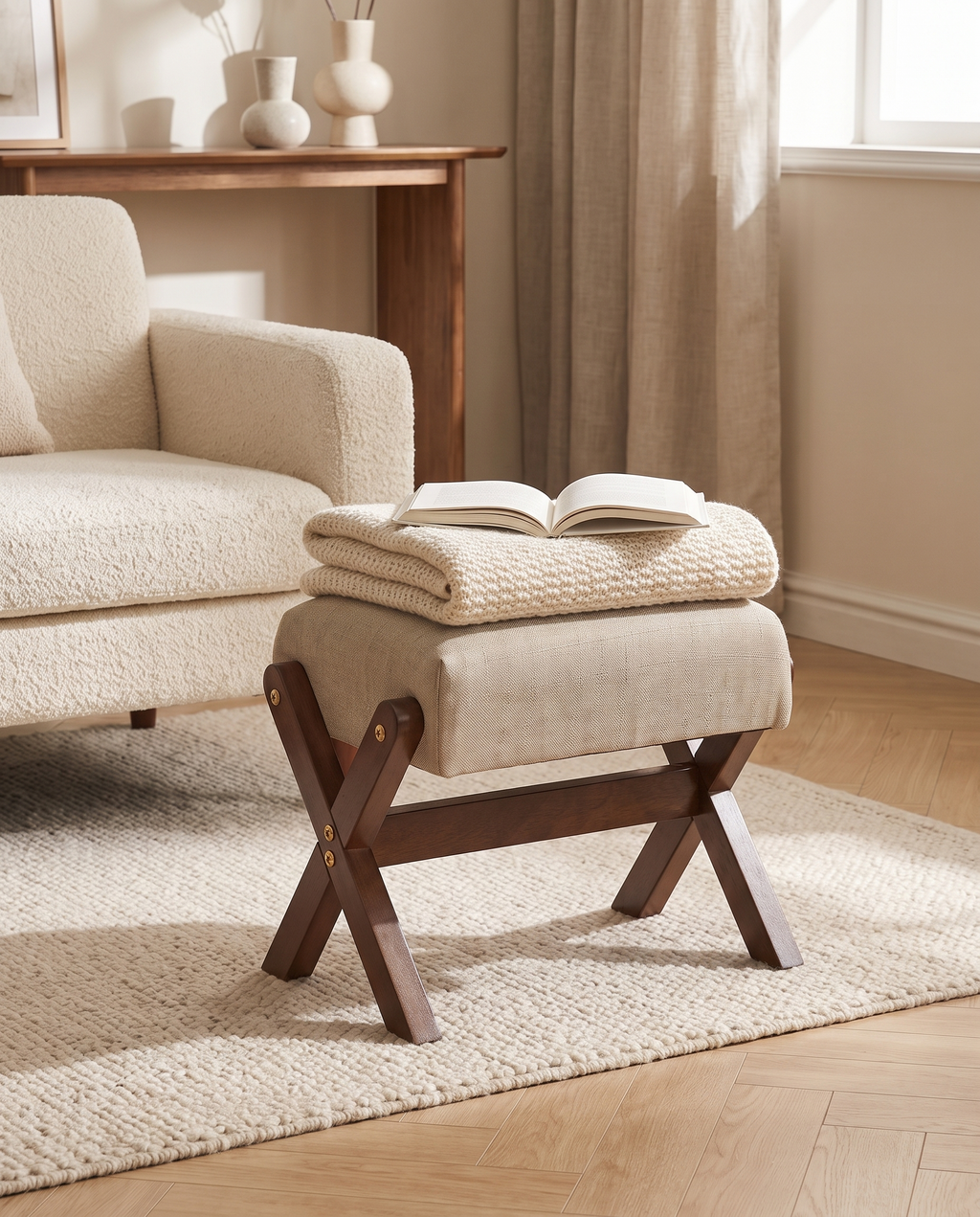 Esbjerg footstool in front of an armchair