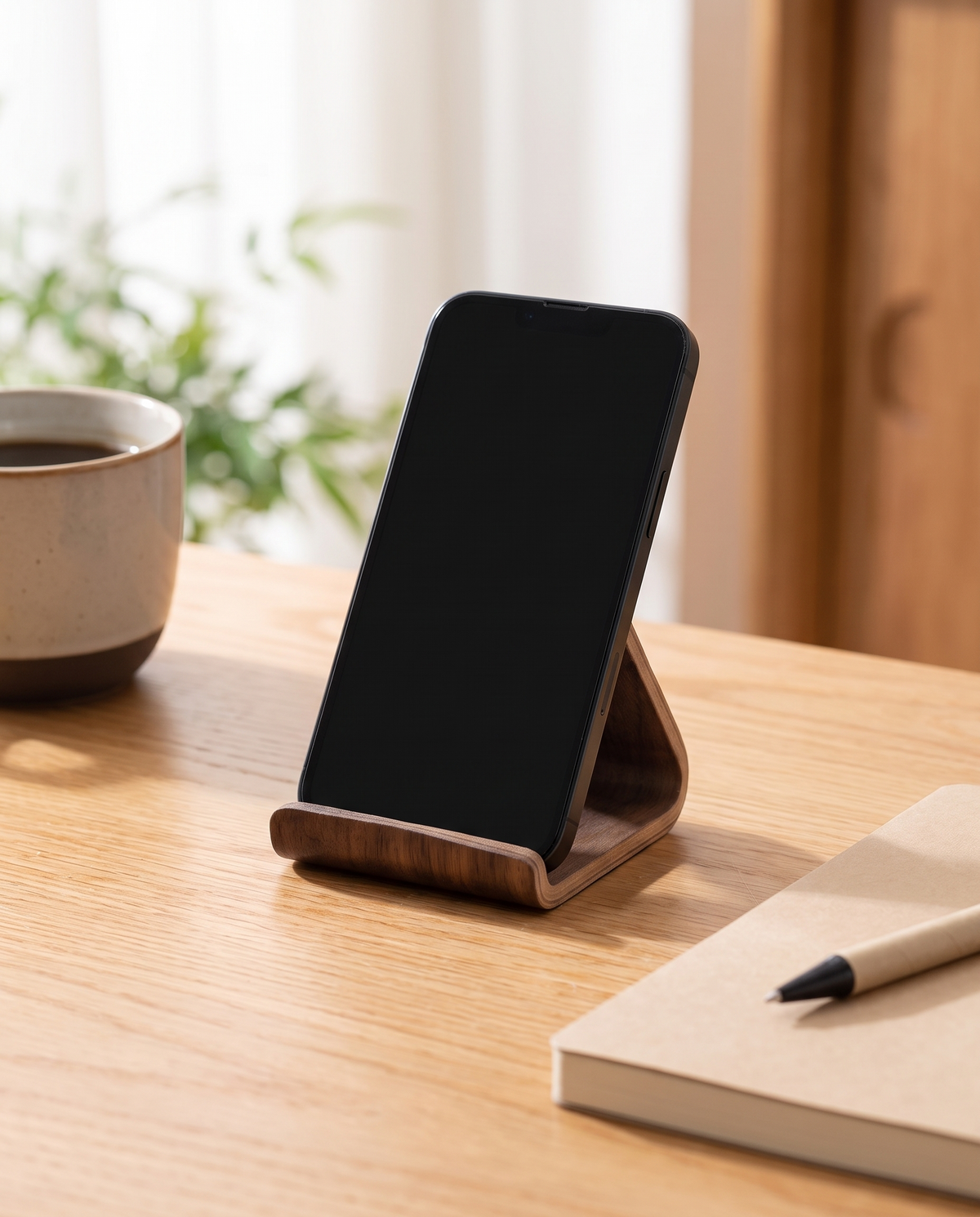 Hameln phone stand holding a phone on an oak desk