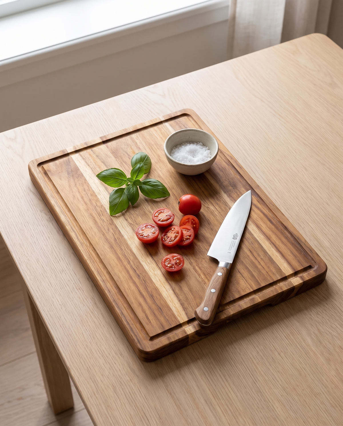 Lubeck board with tomatoes and a knife