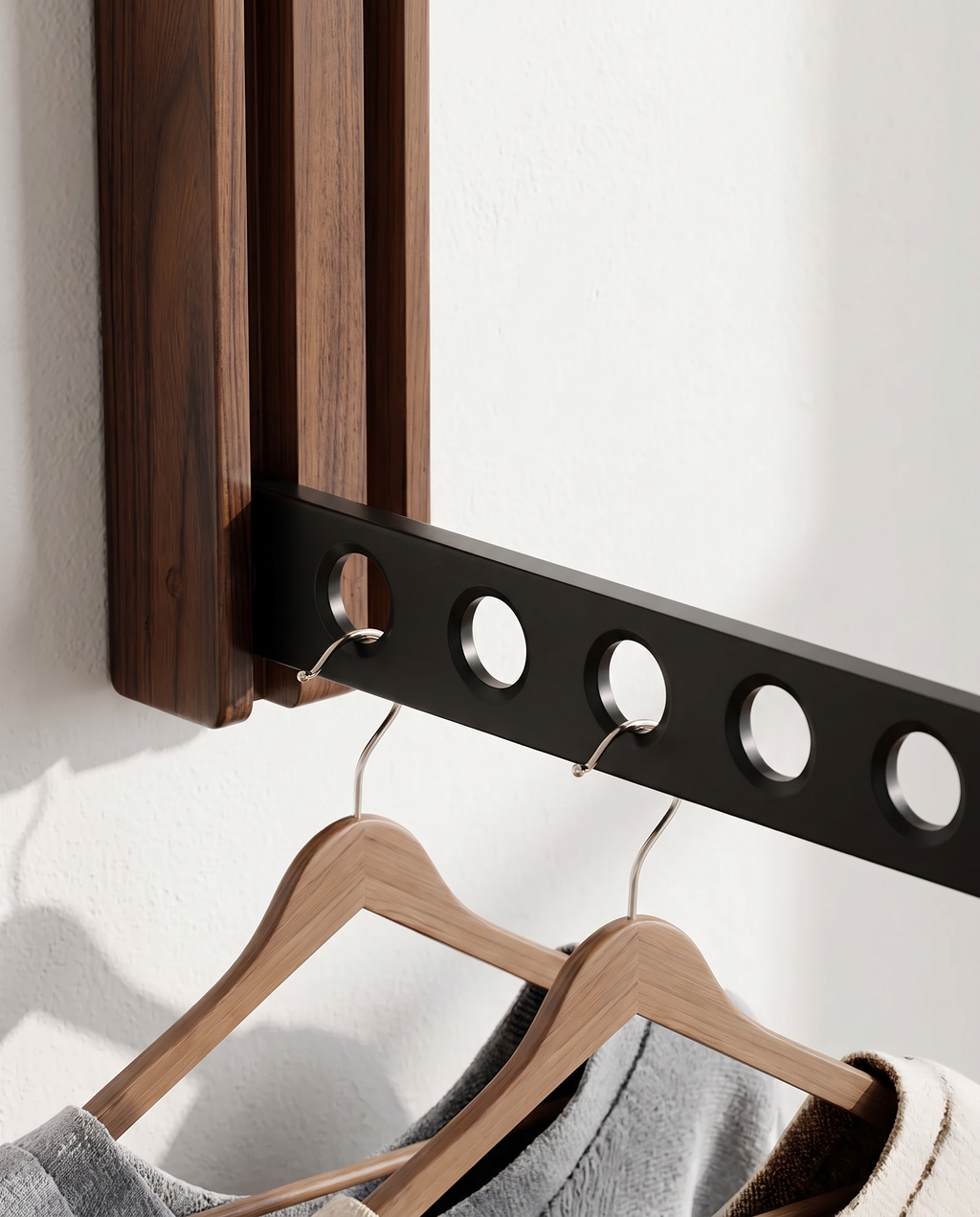Close up of the Kolding arm holding coat hangers
