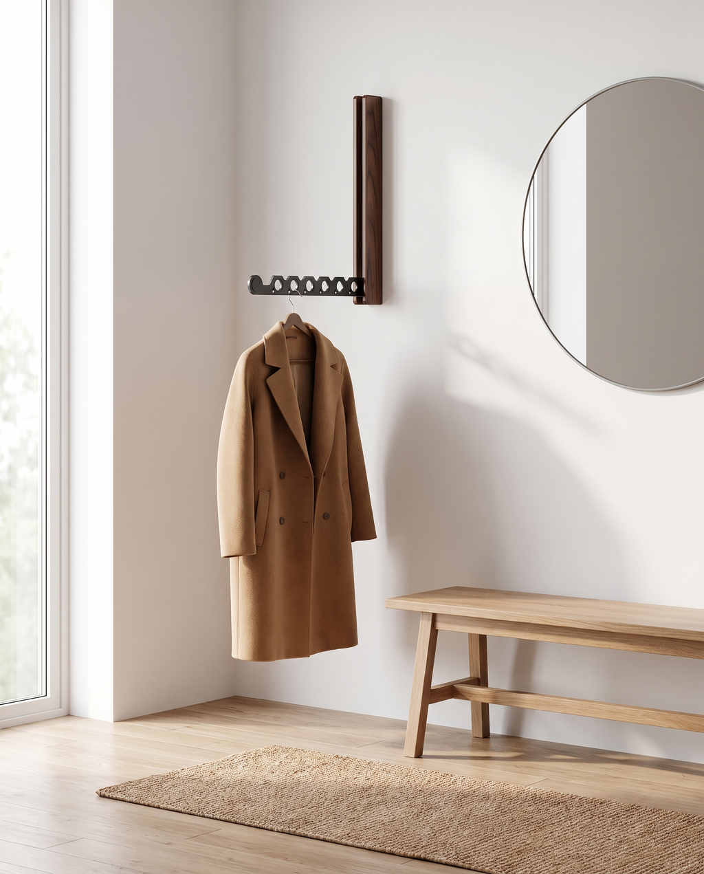 Kolding walnut hanger holding a coat in a hallway