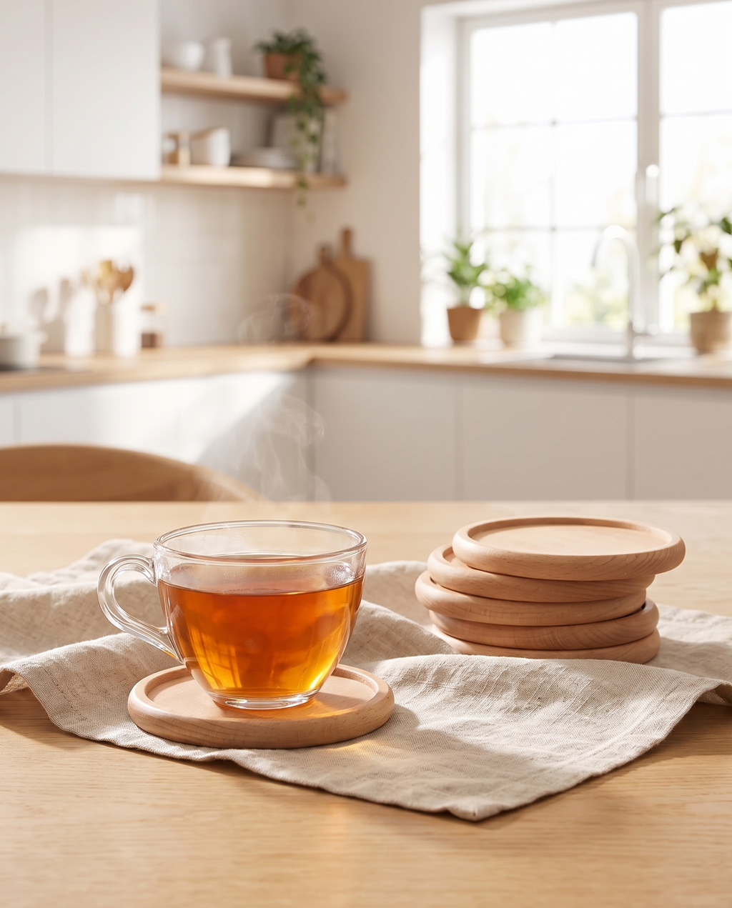 Aalborg beech coasters with a cup of tea