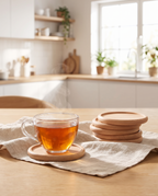 Aalborg beech coasters with a cup of tea