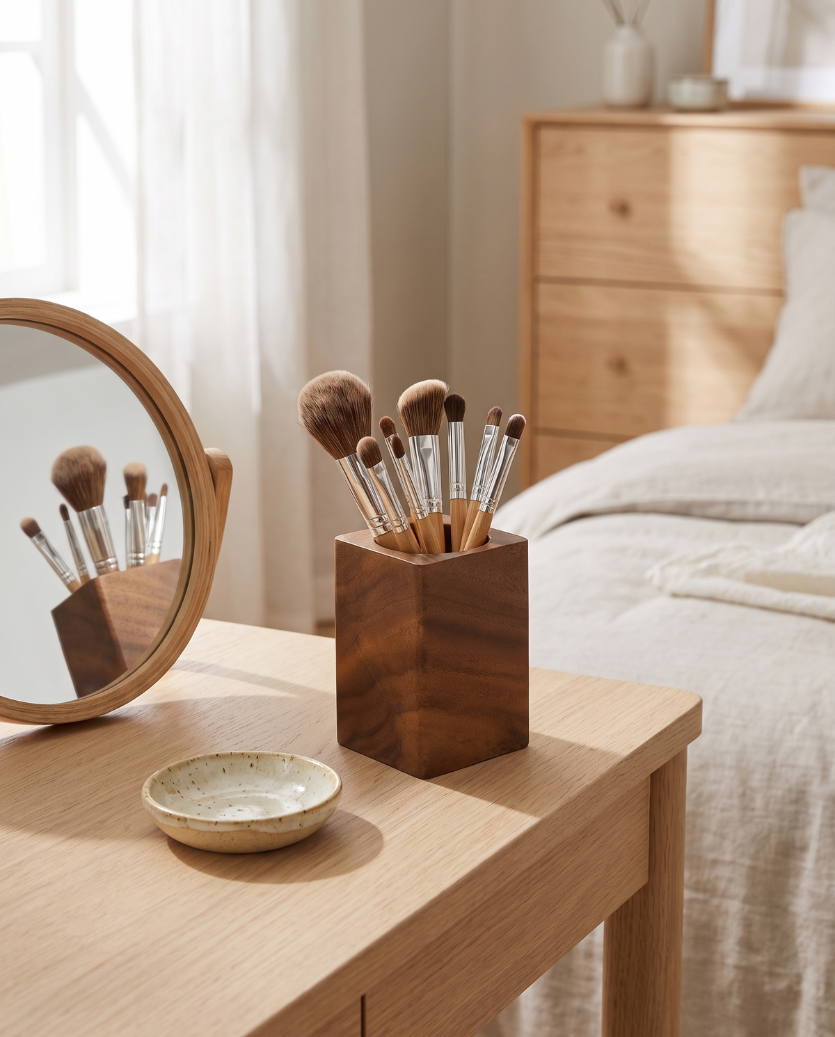 Rostock square walnut pen pot with makeup brushes on a dressing table