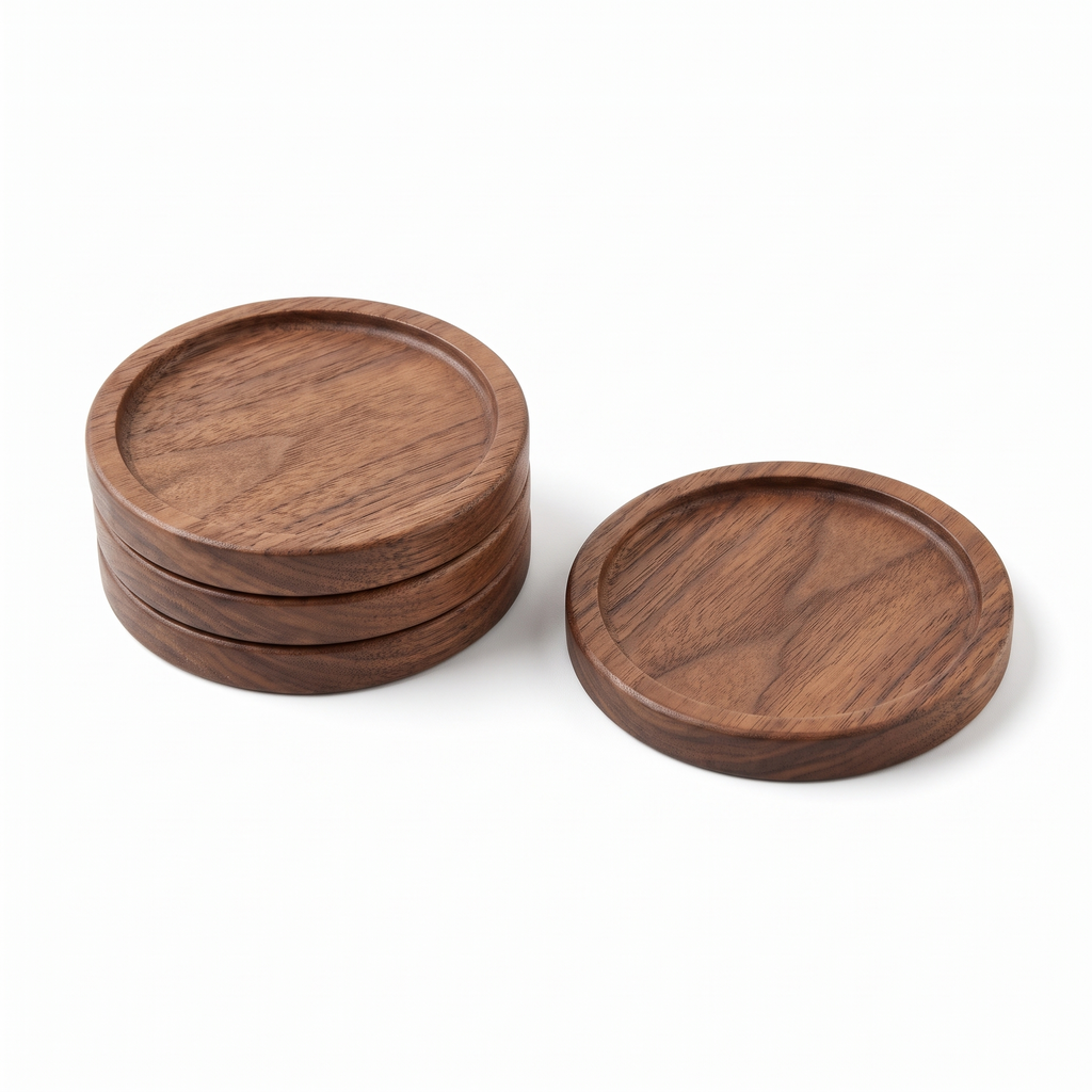 Aalborg round walnut coasters, set of four, on white