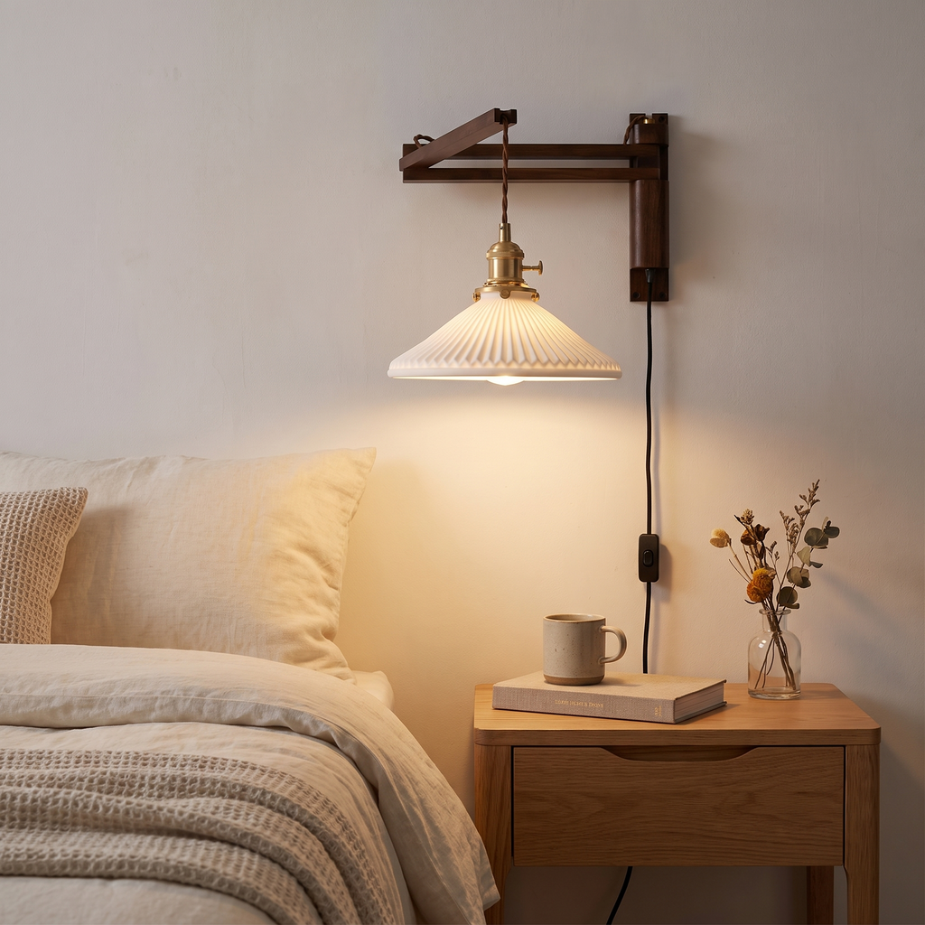 Silkeborg Walnut Swing Arm Wall Lamp, Plug In, Pleated Ceramic Shade in a room