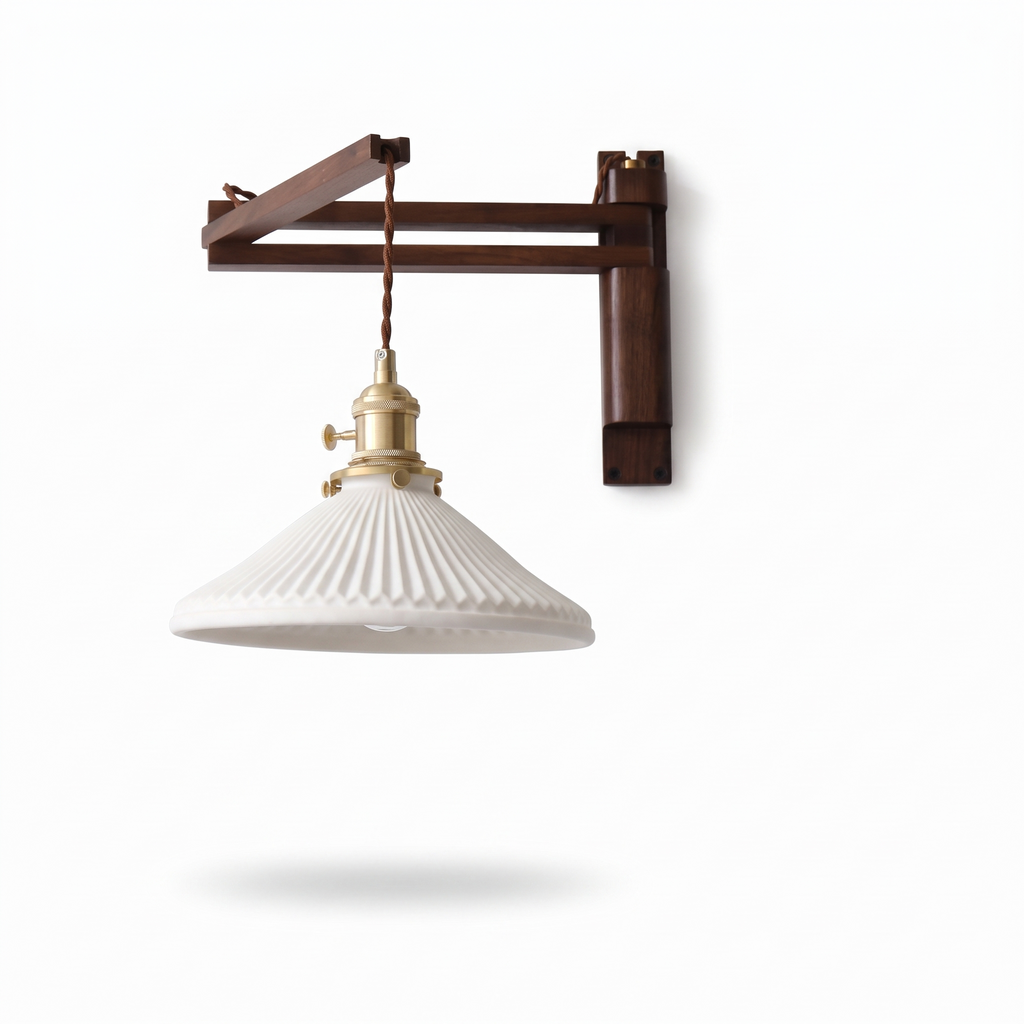 Silkeborg Walnut Swing Arm Wall Lamp, Plug In, Pleated Ceramic Shade, Walnut