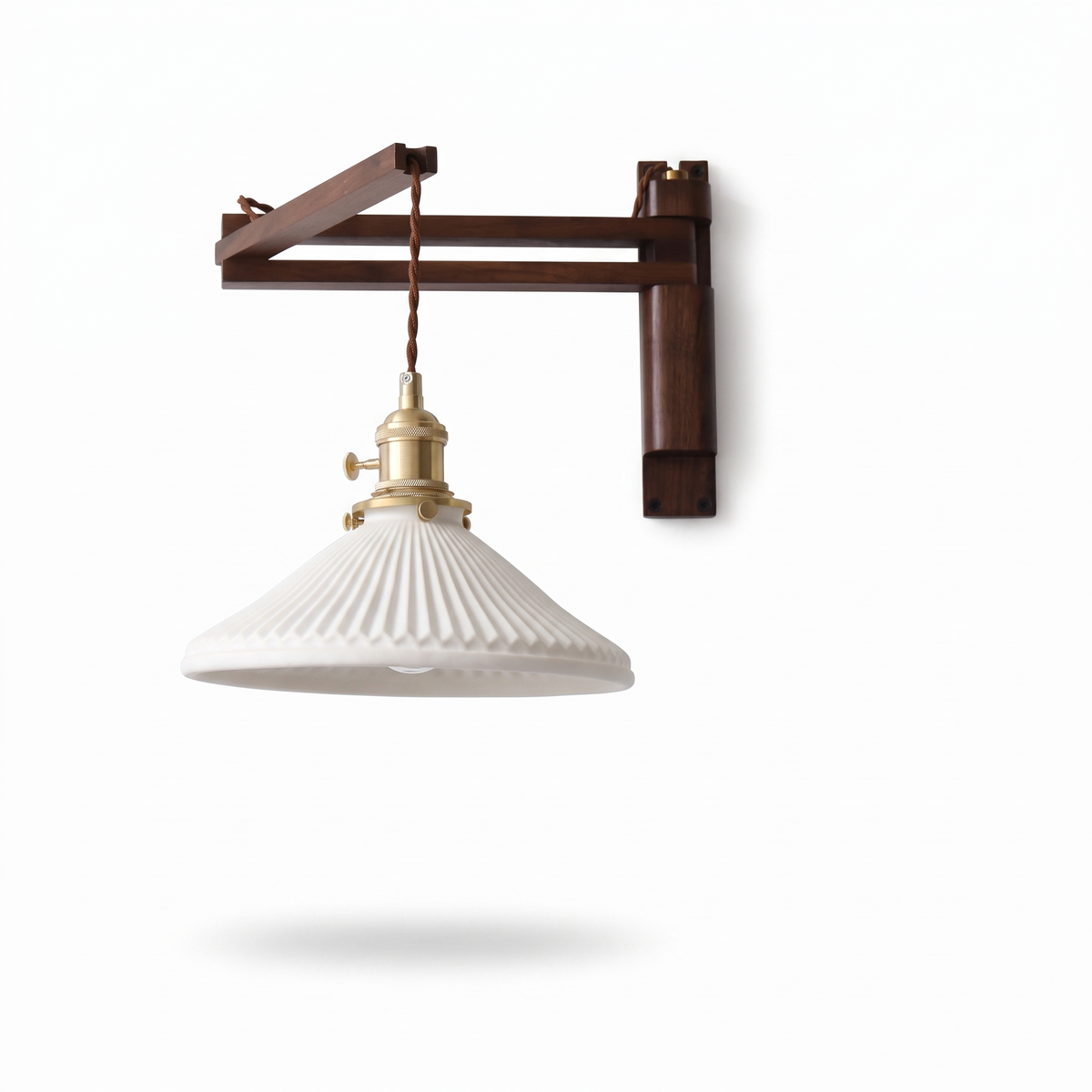 Silkeborg Walnut Swing Arm Wall Lamp, Plug In, Pleated Ceramic Shade, Walnut